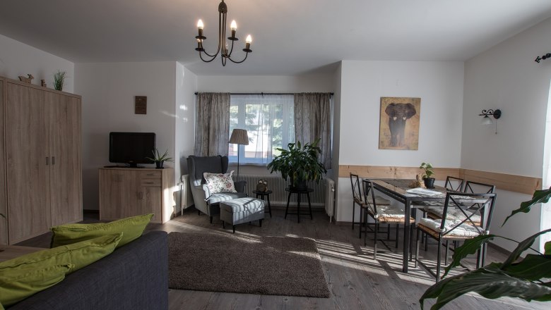 Gemütliches Wohnzimmer mit Sofa, Sessel, Esstisch und Pflanzen.