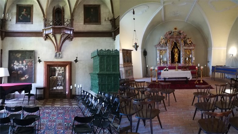 Zwei Innenräume: Links ein historischer Saal mit Gemälden und Ofen, rechts eine Kapelle mit Altar und Stühlen.
