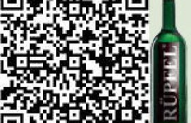 Ein QR-Code neben einer grünen Flasche mit der Aufschrift 'Rüpel'.