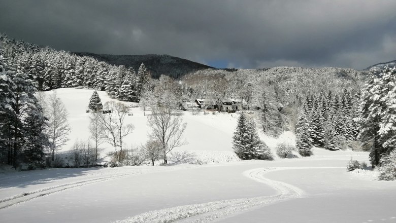 Verschneite Landschaft mit Wald und H&uuml;geln, dunkle Wolken am Himmel.