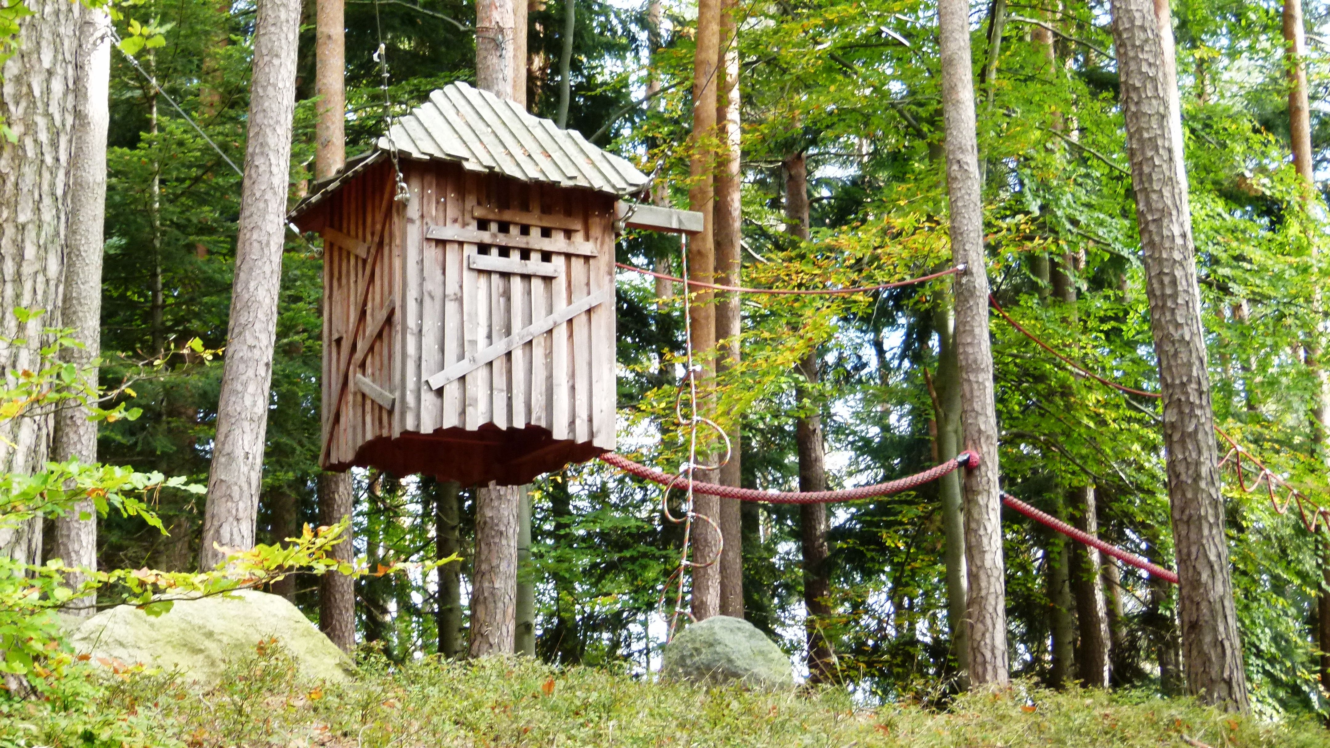Ein Spielhaus hängt im Wald mit Stahlseilen von Bäumen, es sieht aus, als würde es schweben. Über Kletterseile kommt man zum Haus.