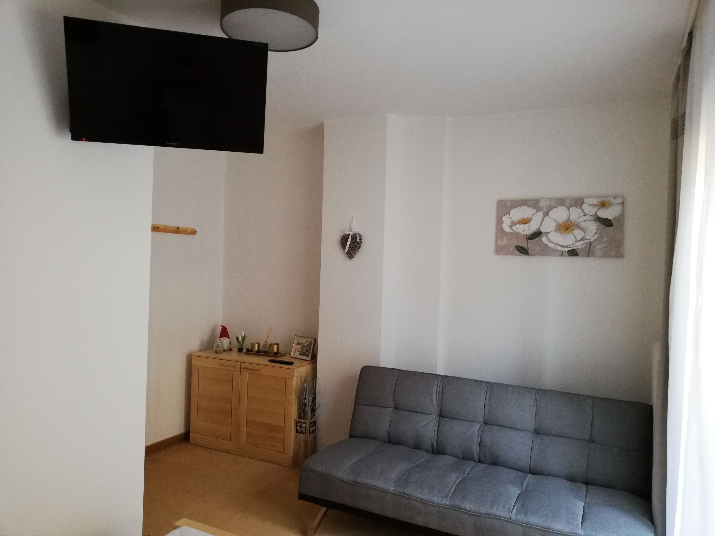 Ein Zimmer mit grauer Ausziehcouch, Wandbild mit Blumen, Fernseher an der Wand und einem kleinen Schrank mit Dekorationen.