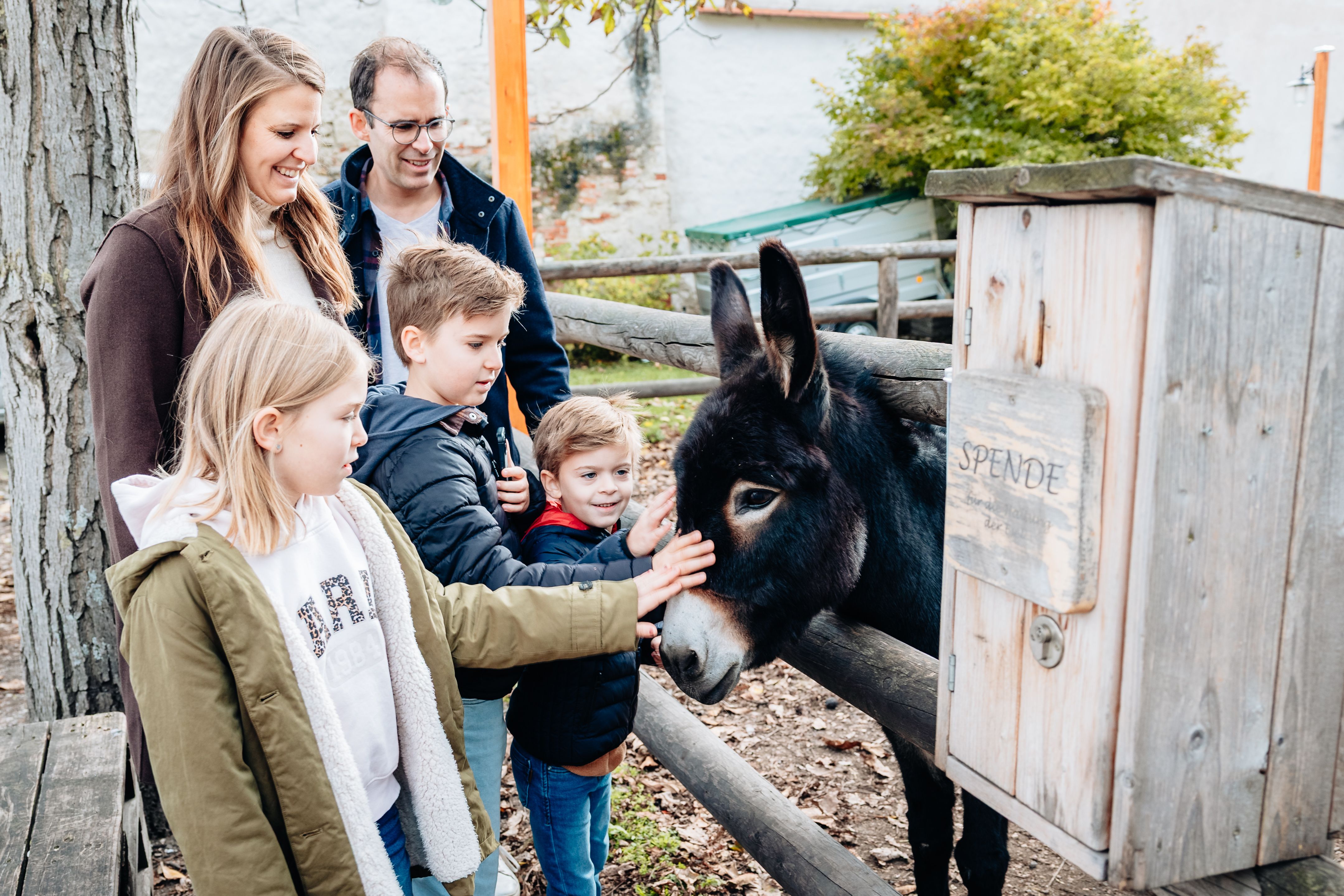Familie beim Füttern der Esel beim Kapuzinerkloster