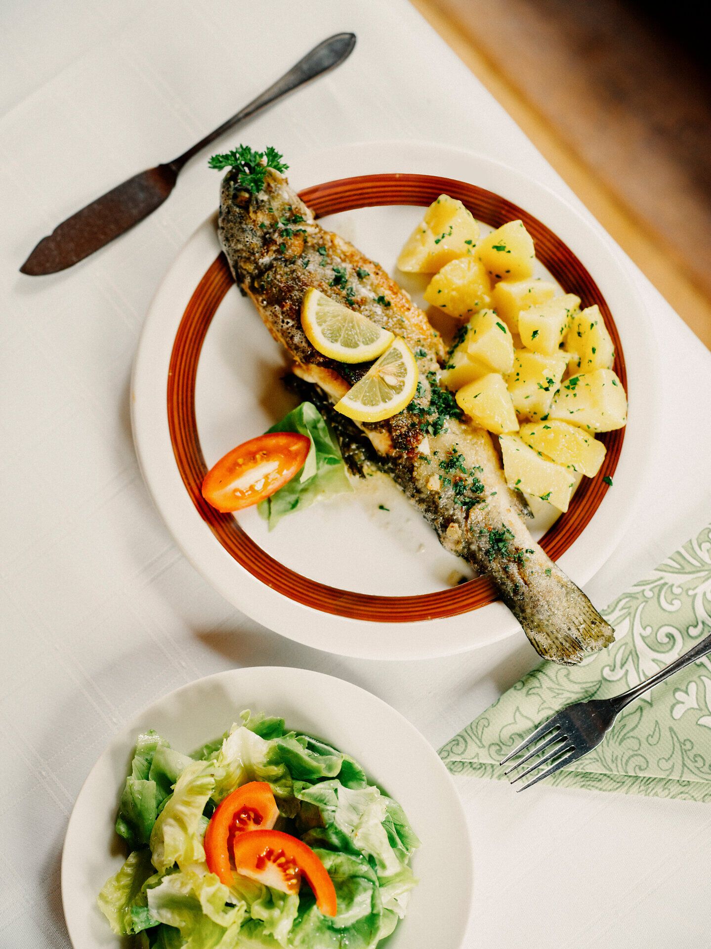 Enjoy a delicious, freshly roasted trout, perfectly served with parsley potatoes and a crispy salad. This culinary delicacy invites you to discover the beauty of the Vienna Alps and indulge in the hearty tavern culture of Lower Austria.
