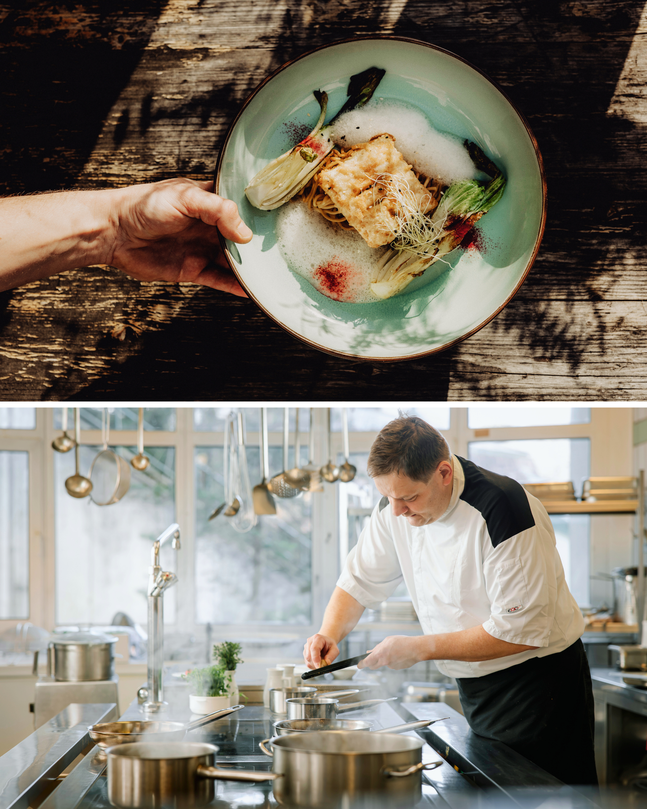 Koch der Essen zubereitet und ein Gericht 