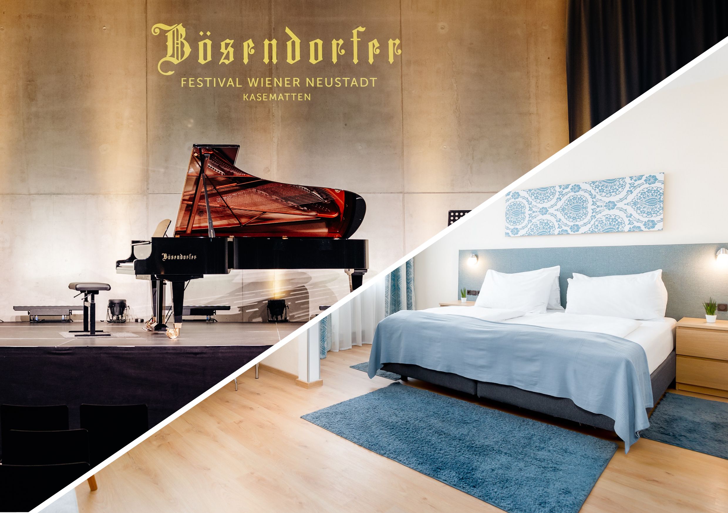 Bösendorfer Flügel auf der Bühne der Kasematten und ein Bett im Zimmer des Hotel Zentrals