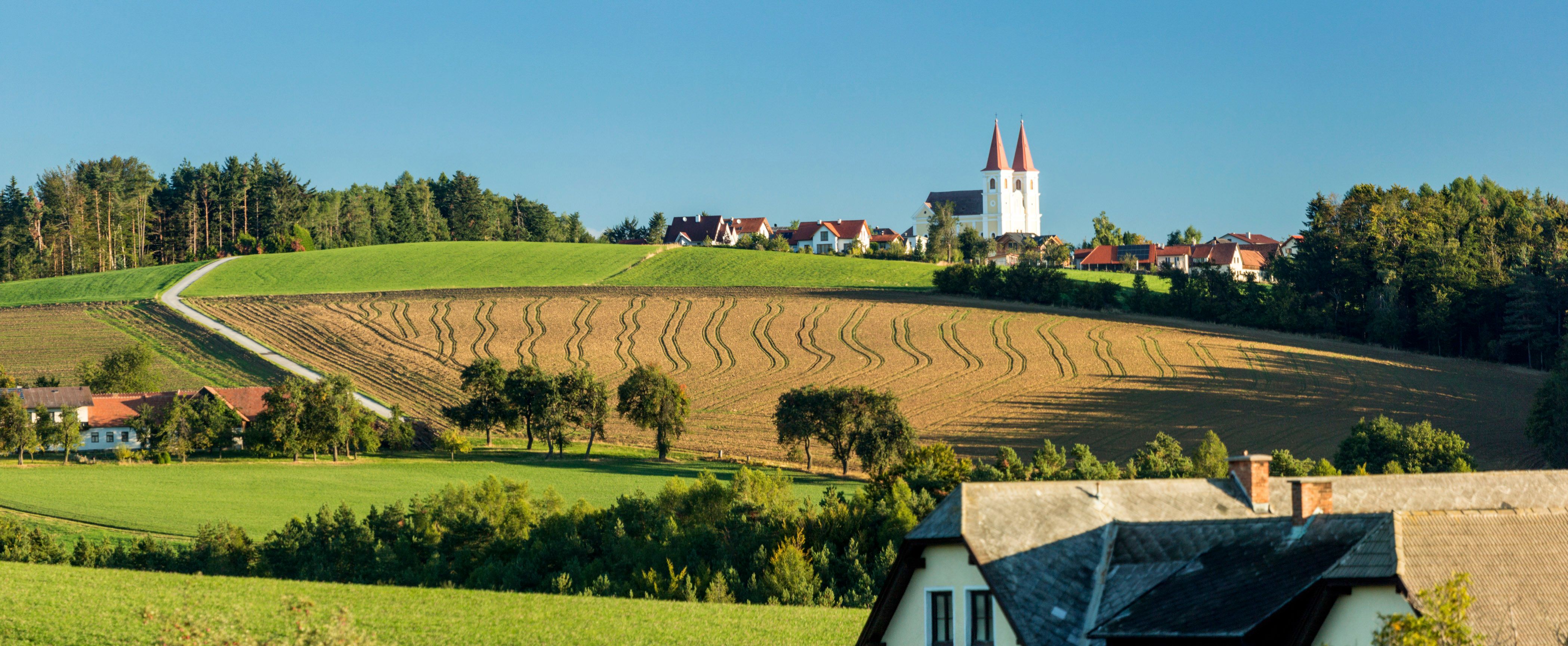 Landschaft mit den Spitzen der Wallfahrtskirche Maria Schnee und Feldern in Lichtenegg.