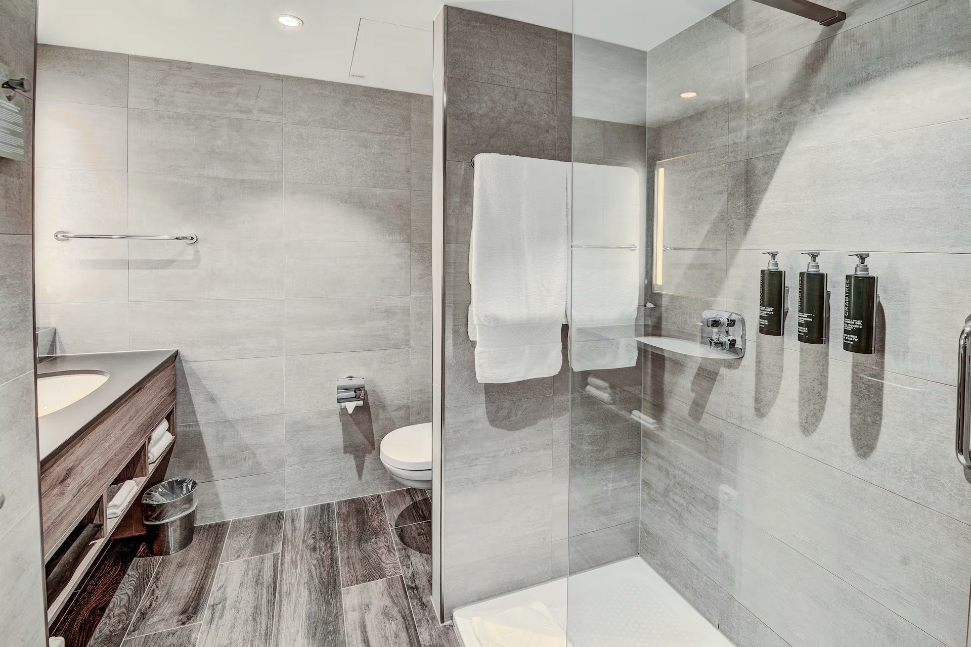 Graues Badezimmer mit Waschbecken, Walk-In Shower und WC.