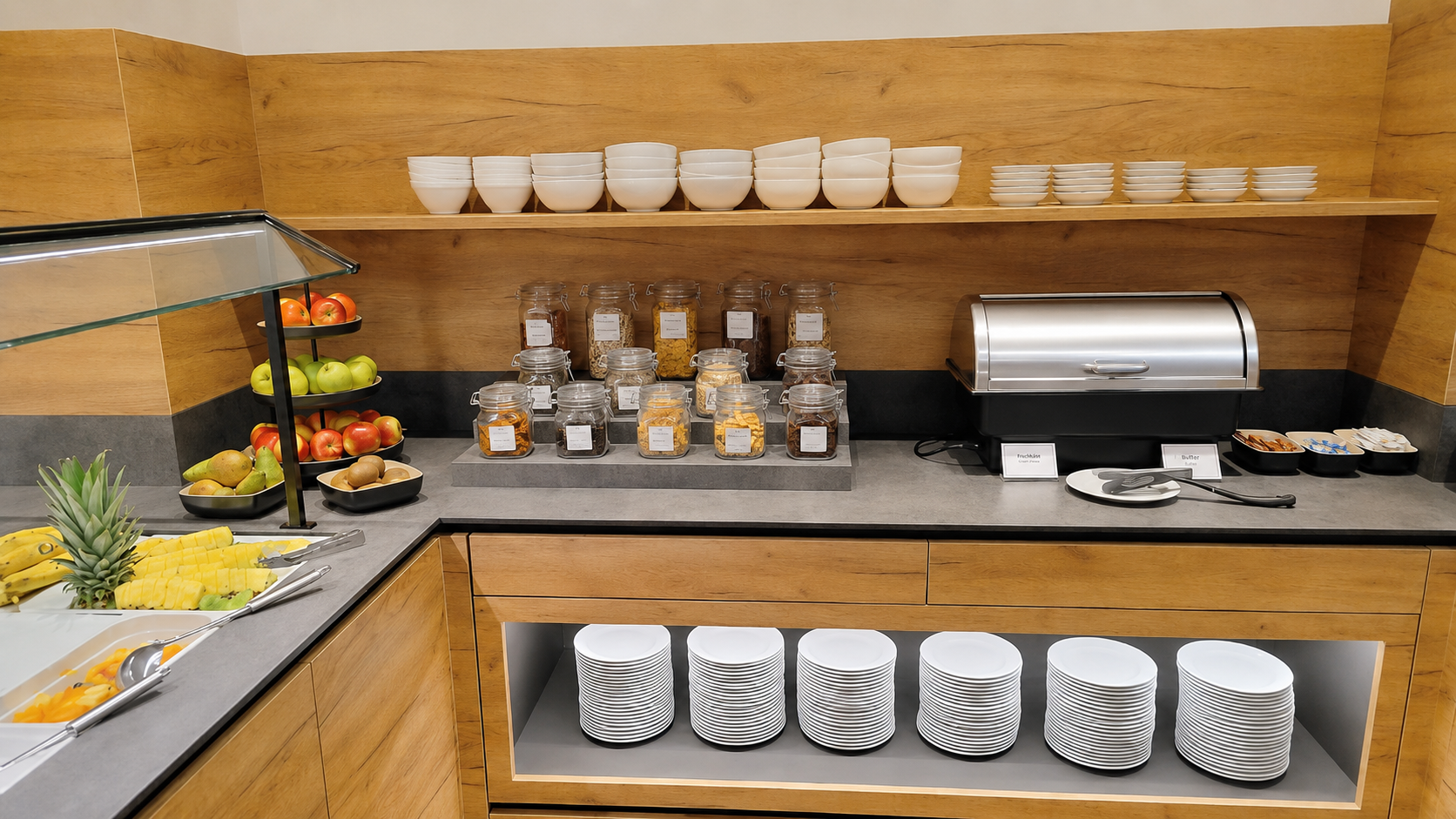 Frühstücksbuffet mit Obst, Müsli und Geschirr in einem Hotelrestaurant.