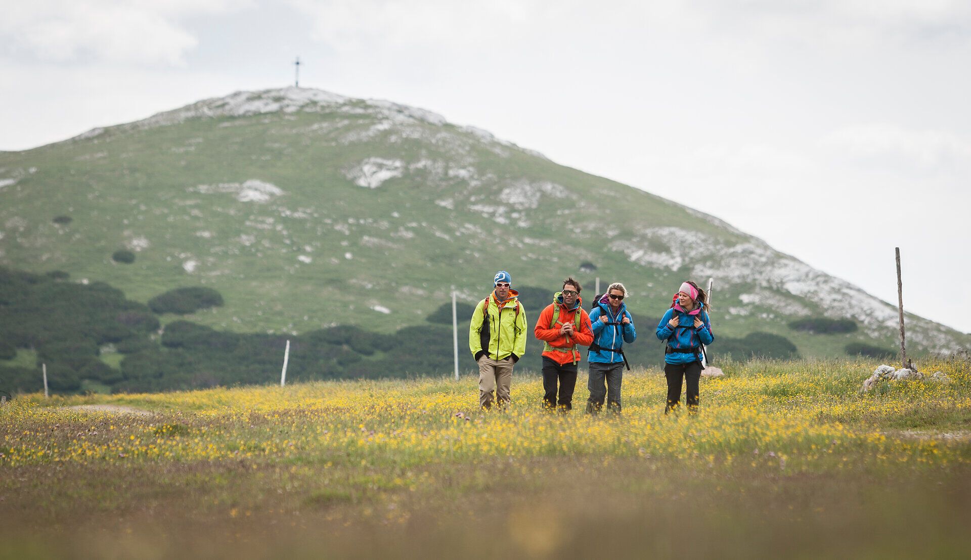 Die frische Bergluft umhüllt die Wanderer, während sie durch die blühenden Wiesen schreiten. Umgeben von majestätischen Gipfeln und einer atemberaubenden Landschaft, erleben sie die Freiheit und Schönheit der Natur in den Wiener Alpen.