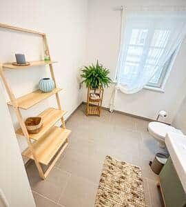 Bright, large bathroom with WC, shelf and window