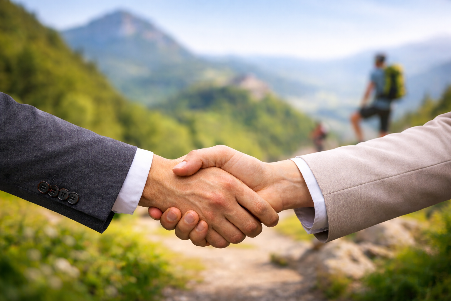 Zwei Personen schütteln sich vor einer Bergkulisse mit Wanderer im Hintergrund die Hand.