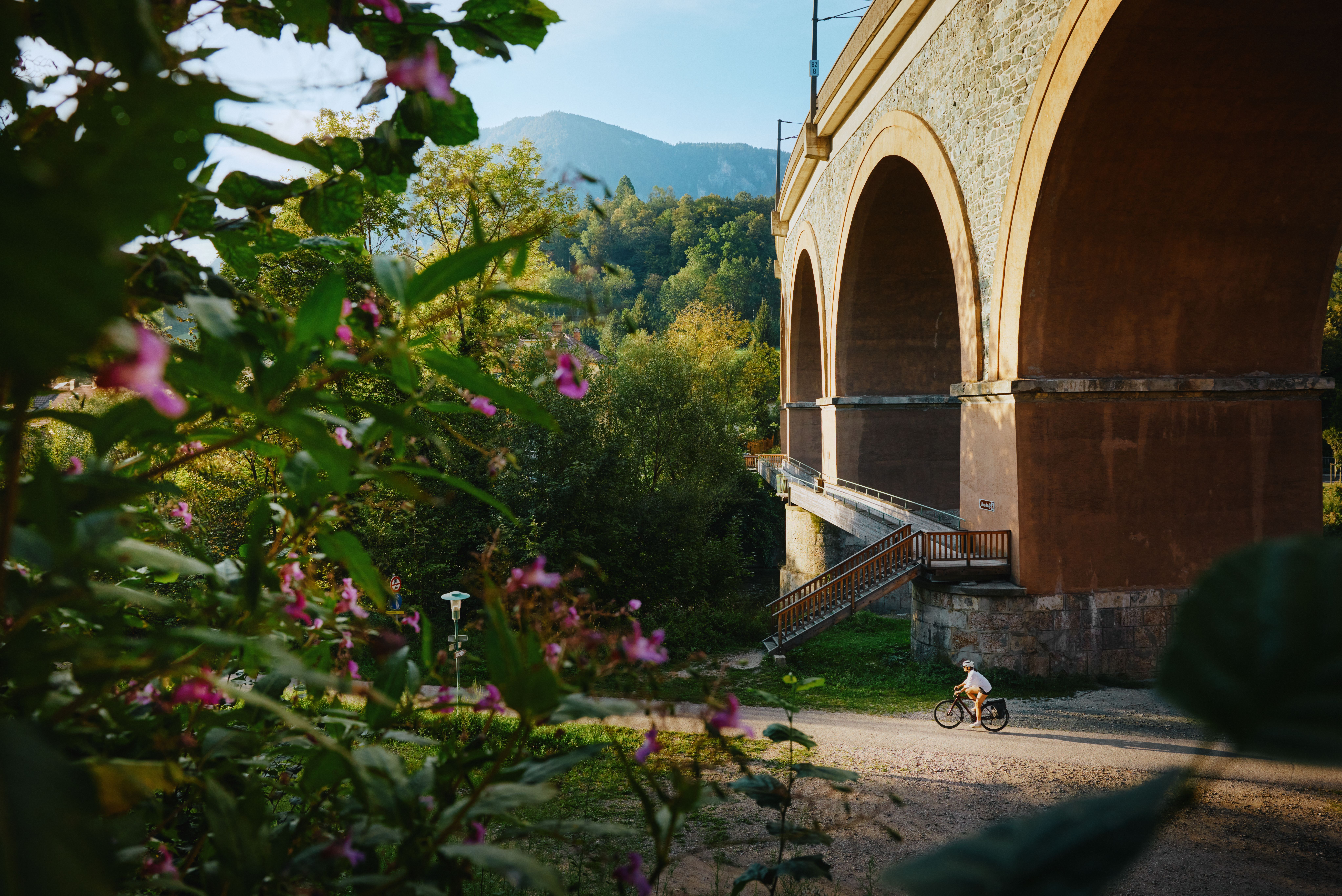 Zwei Mountainbiker fahren auf einer Mountainbike Strecke am Kreuzberg, in der Region Semmering Rax