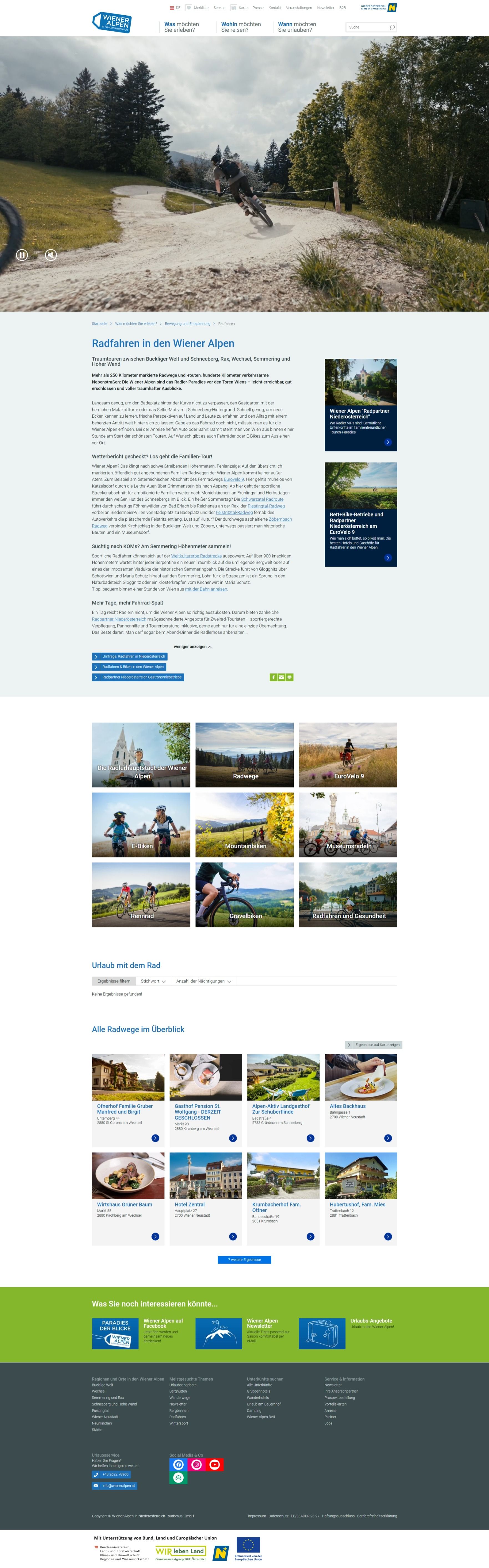 Screenshot Landingpage www.wieneralpen.at/radfahren