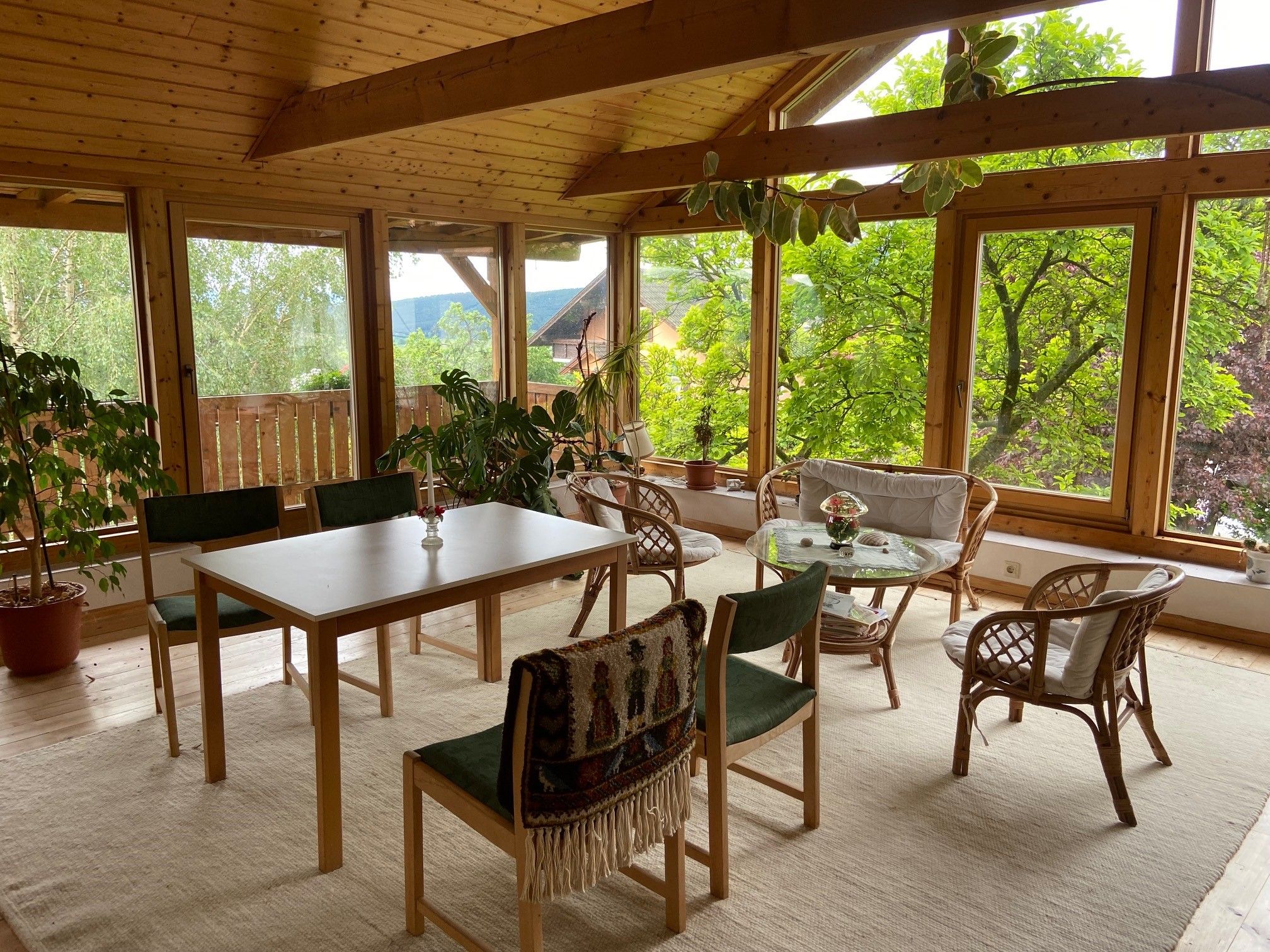 Ein heller Raum mit Holzmöbeln, großen Fenstern und Pflanzen.