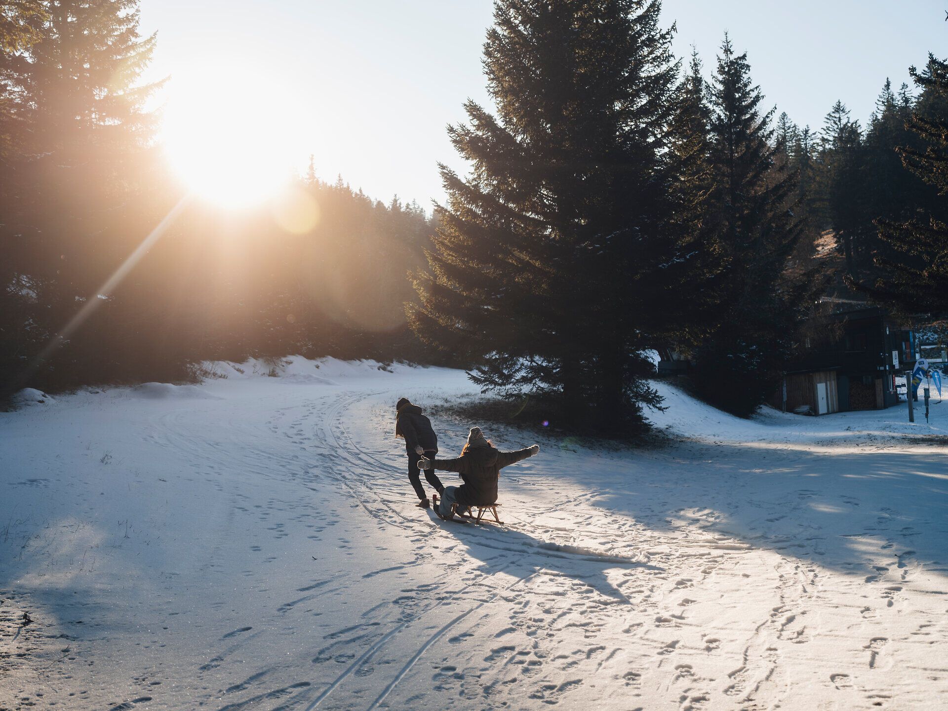 Die sanften Hügel der Wiener Alpen laden zu einem unvergesslichen Winterabenteuer ein. Während die Sonne langsam hinter den Bäumen verschwindet, gleiten fröhliche Rodler die schneebedeckten Pisten hinunter und genießen die klare, kalte Luft. Ein perfekter Tag für Familien und Freunde, um die winterliche Landschaft in vollen Zügen zu erleben.