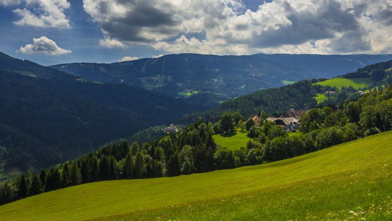 Grüne Hügel und Wälder in einer bergigen Landschaft unter bewölktem Himmel.