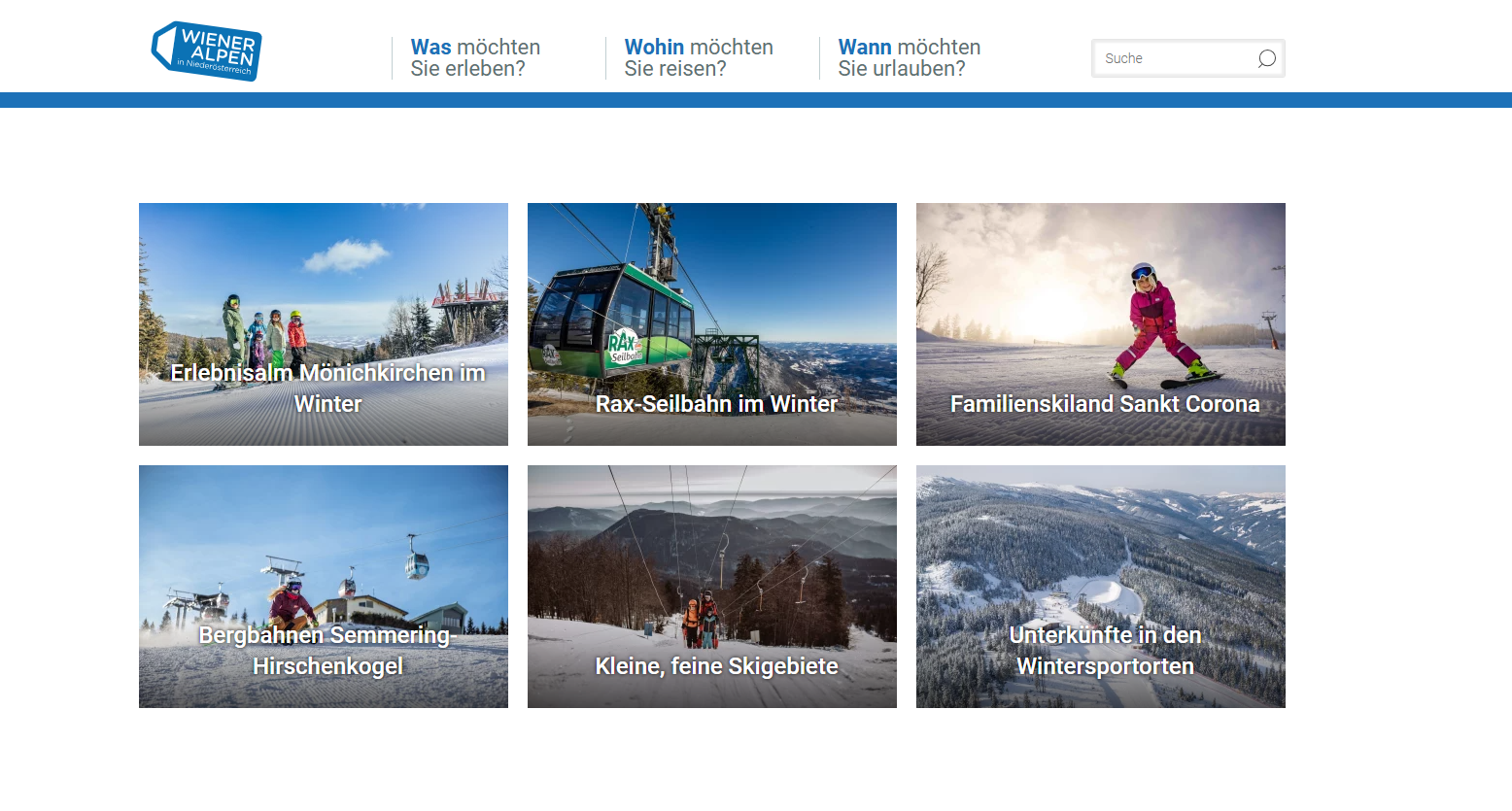 Der Screenshot zeigt einen Teil der Landingpage der Wiener Alpen zum Thema Winter. Auf diesem Ausschnitt werden mit 6 Fotos 6 verschiedene Unterthemen angeführt. 