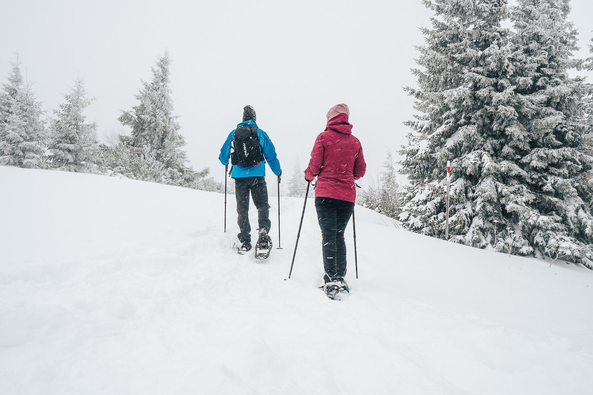 In der winterlichen Stille der Wiener Alpen wandern zwei Abenteurer durch eine traumhafte Schneelandschaft. Die schneebedeckten Bäume und der sanfte Schneefall schaffen eine magische Atmosphäre, die zum Verweilen einlädt. Jeder Schritt im frischen Schnee ist ein Erlebnis für die Sinne und verspricht unvergessliche Momente in der Natur.