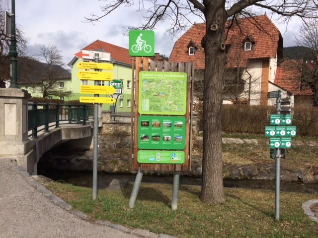 Radstartplatz-Tafel in Kirchberg mit Wegweisern und Karte.