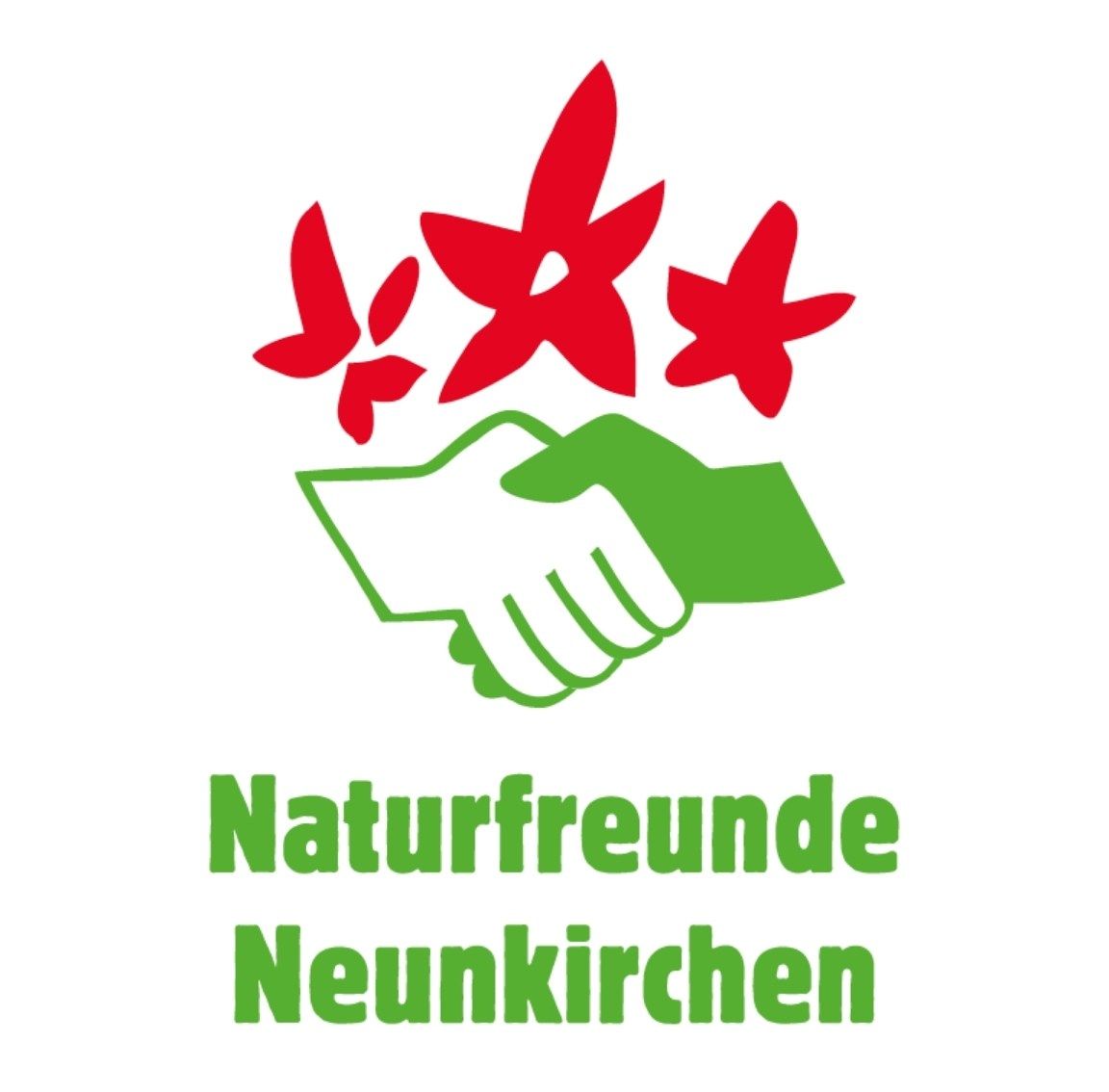 Logo der Naturfreunde Neunkirchen mit rotem Blumenmotiv und grünem Handschlag.