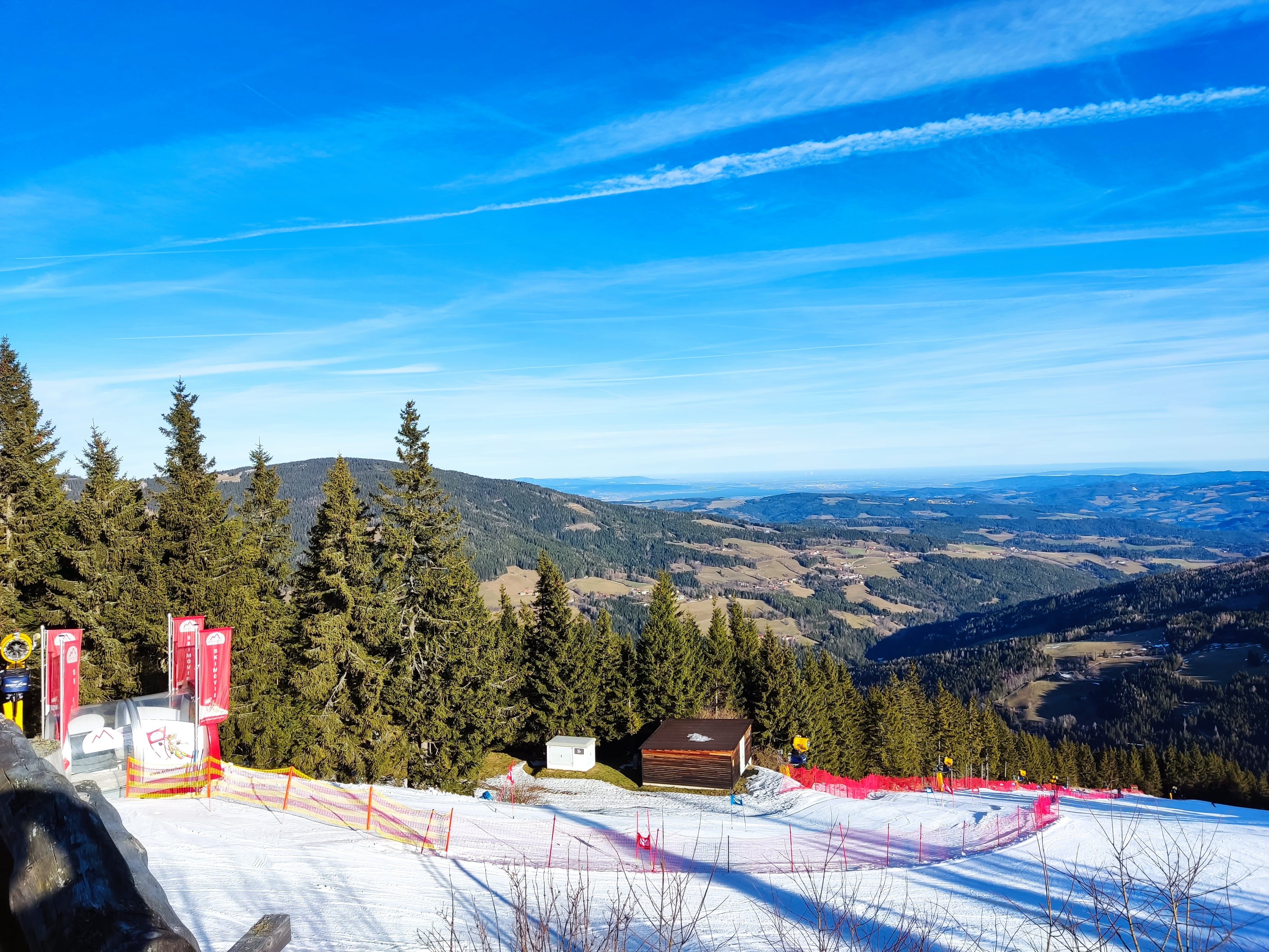 Blick auf eine Skipiste mit Wald und Bergen im Hintergrund unter blauem Himmel.