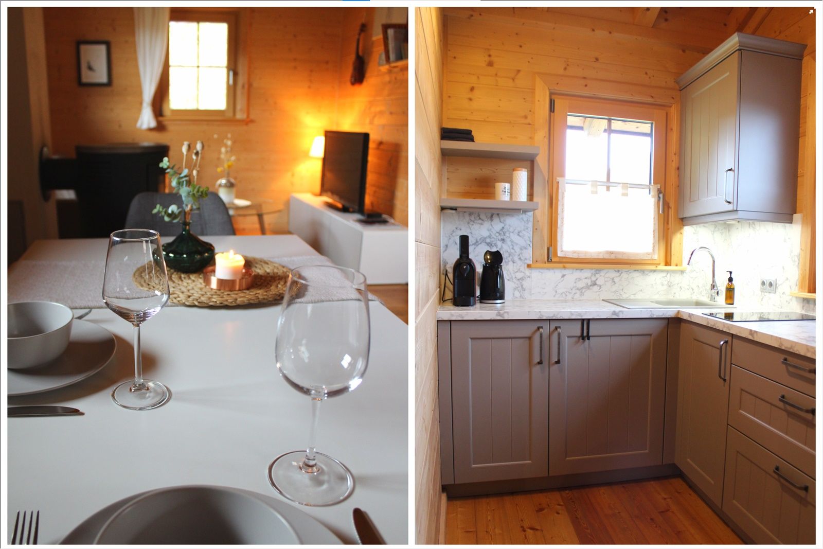 Gemütliche Küche und Essbereich in einem Holzhaus mit moderner Einrichtung und warmem Licht.