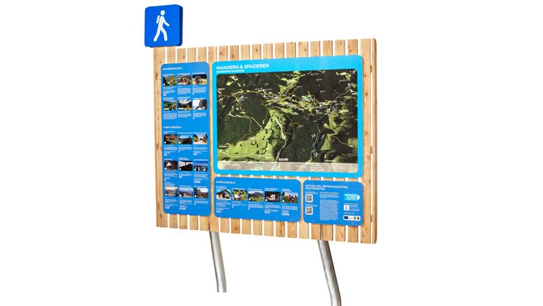 Wanderkarte mit Informationen und Bildern auf einem Holzschild.