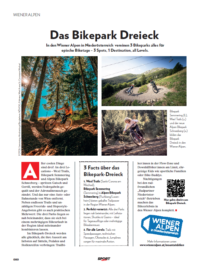 Wiener Alpen Advertorial im SportAktiv Magazin zum Thema "Das Bikepark Dreieck"