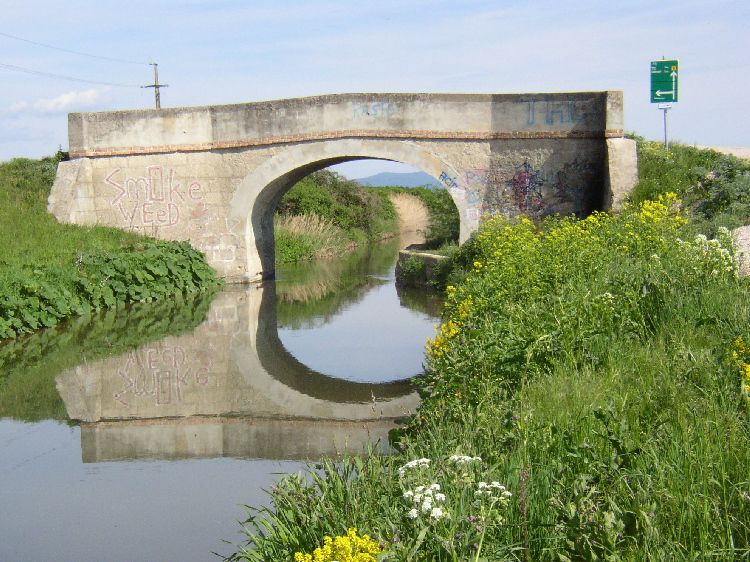 Brücke über den Wiener Neustädter Kanal in Eggendorf mit Graffiti und Spiegelung im Wasser.