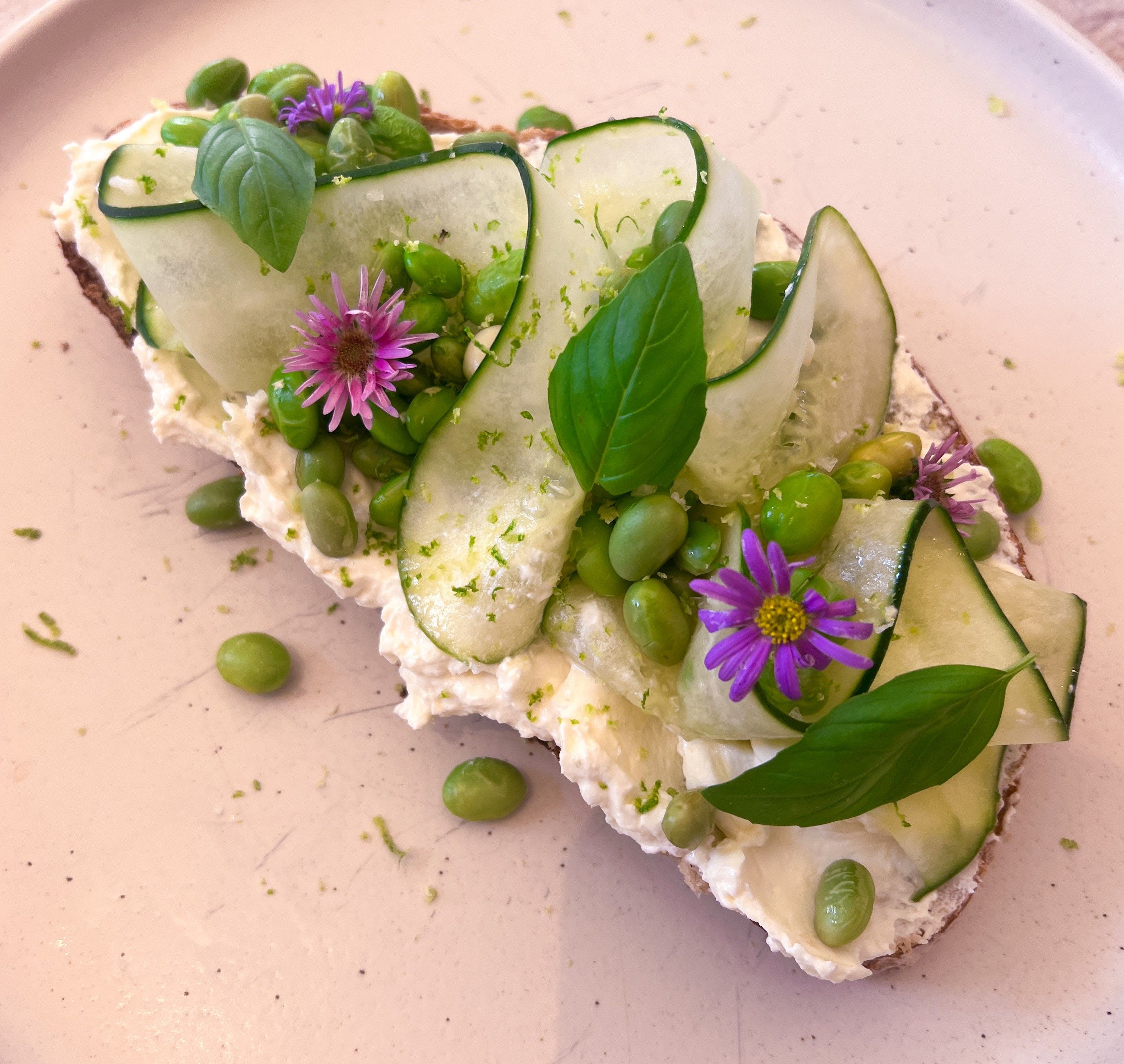 Ein belegtes Brot mit Frischkäse, Gurkenscheiben, Edamame, Basilikumblättern und lila Blüten auf einem Teller.