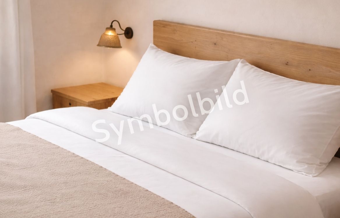 Ein gemütliches Bett mit weißen Kissen und Bettwäsche, daneben ein Nachttisch mit Lampe. Als Wasserzeichen steht im Bild "Symbolbild"