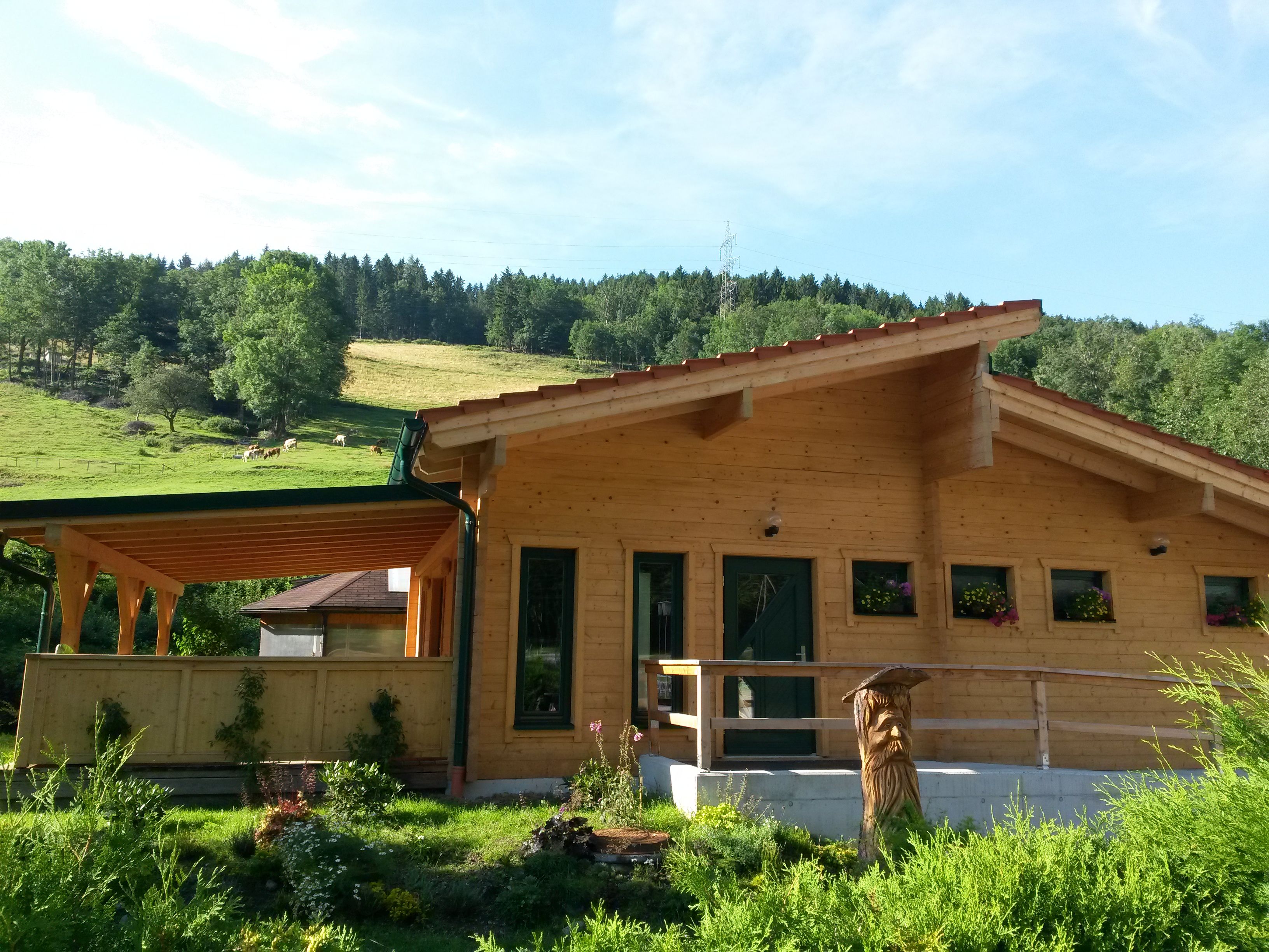 Blockhaussauna in ländlicher Umgebung mit Holzveranda und Blumenkästen.