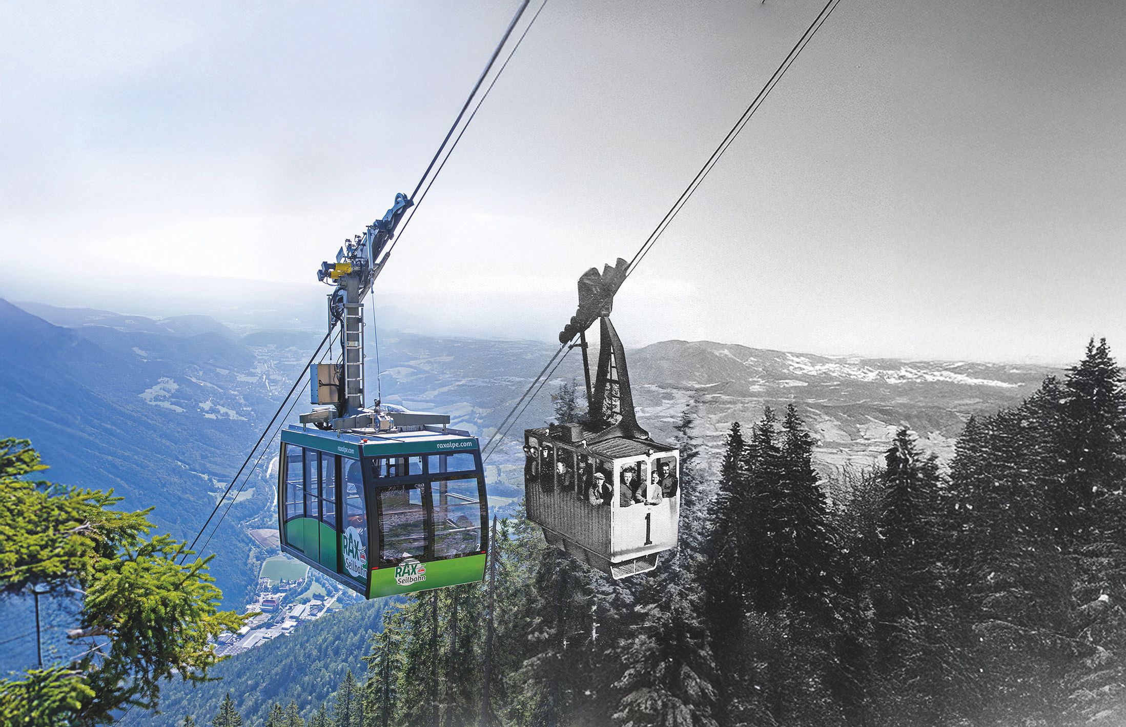 Ein neues und altes Bild der Rax-Seilbahn auf der Rax nebeneinander gestellt