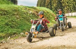 Mit den Mountaincarts geht es von der Bergstation Semmering Hirschenkogel wieder hinunter. Spektakulärer Ausblick inklusive
