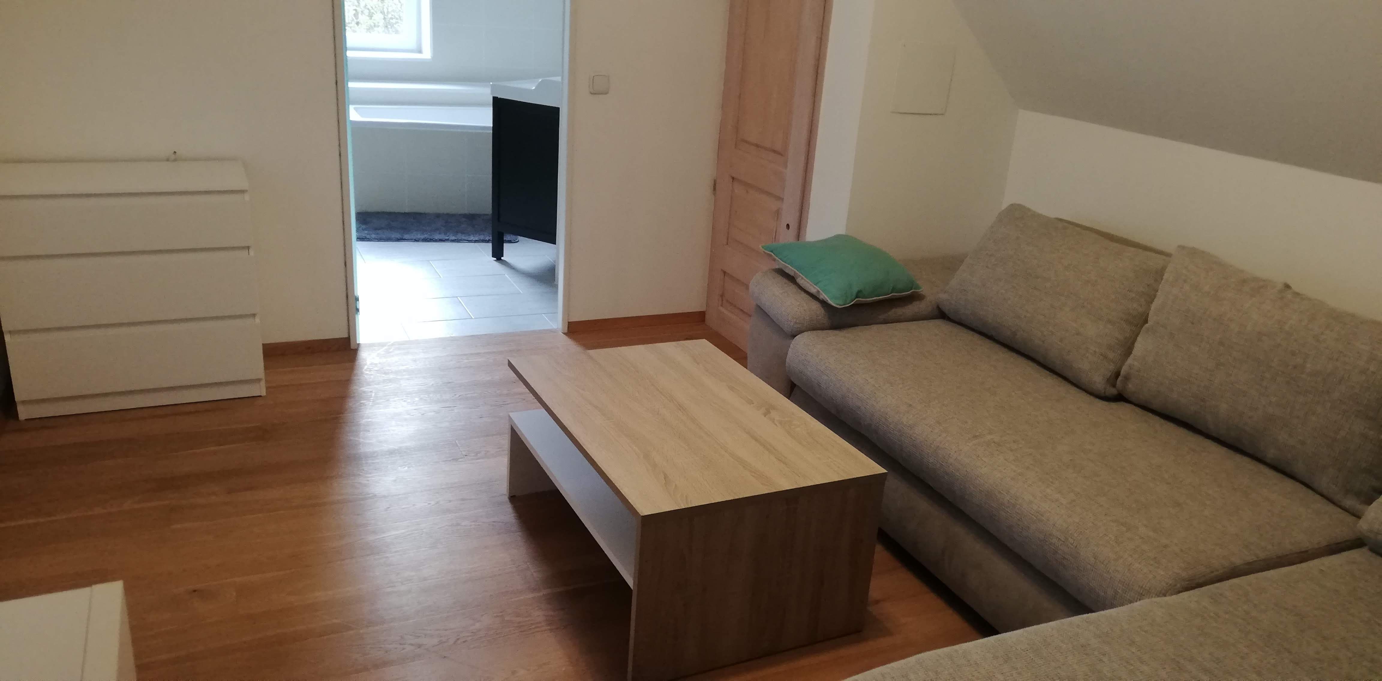 Wohnzimmer mit Ecksofa, Couchtisch und Blick ins Badezimmer.