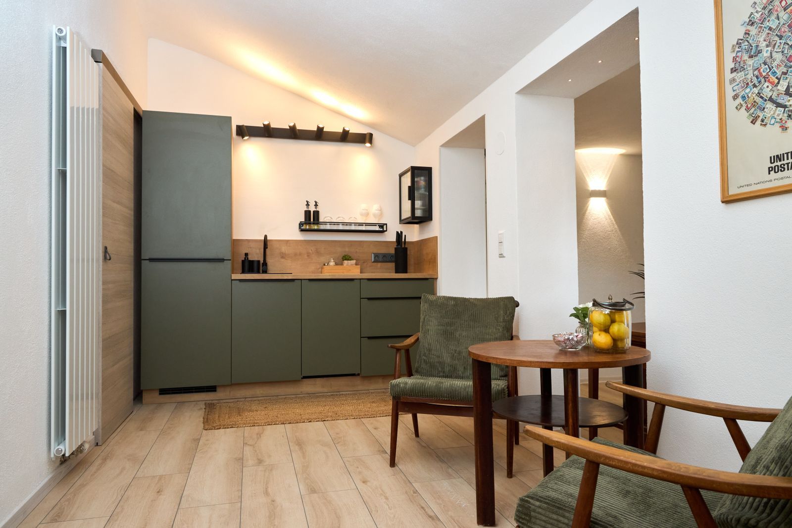 Modern kitchenette in the vacation home with full equipment for cooking and preparing meals.
