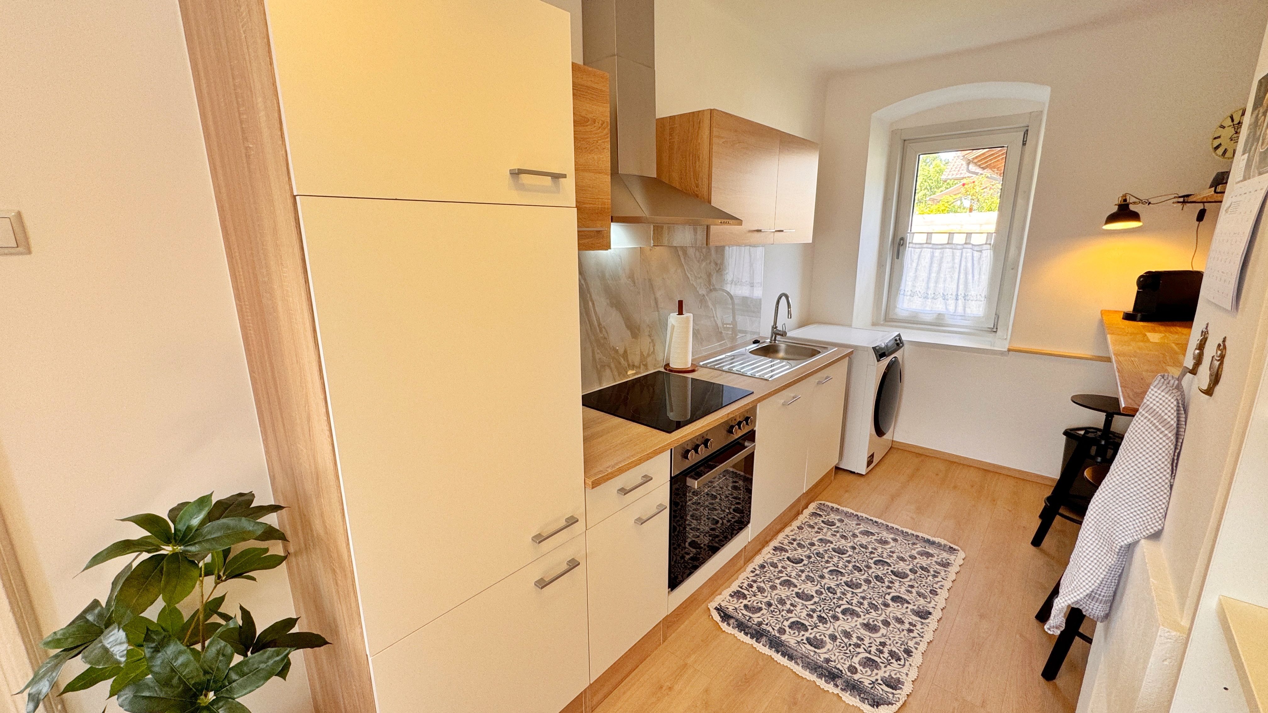 Moderne Küche mit Holz- und weißen Elementen, Herd, Spüle, Waschmaschine und Fenster. Pflanzen und Teppich als Dekoration.