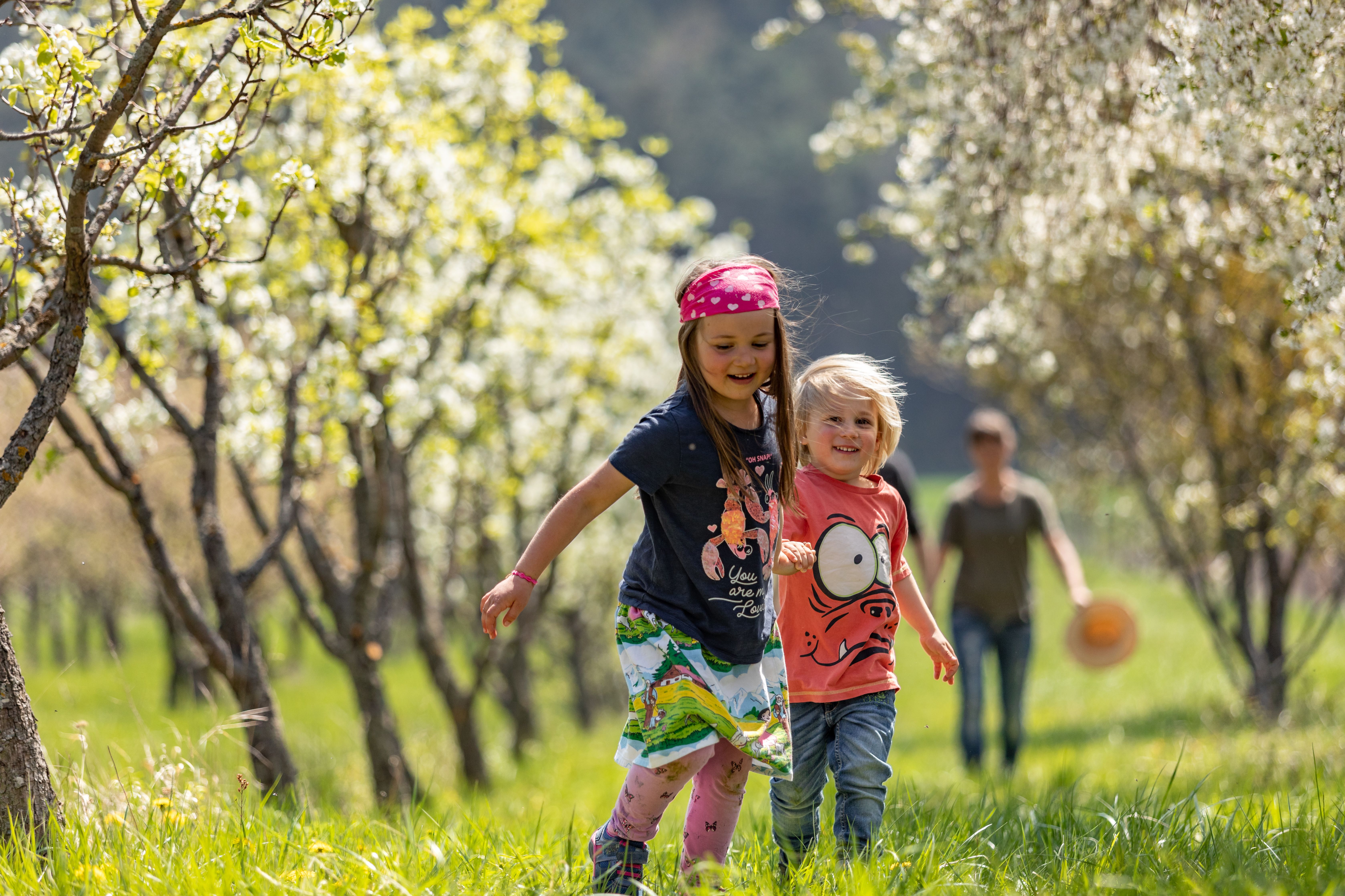 Kinder spielen im Obstgarten 