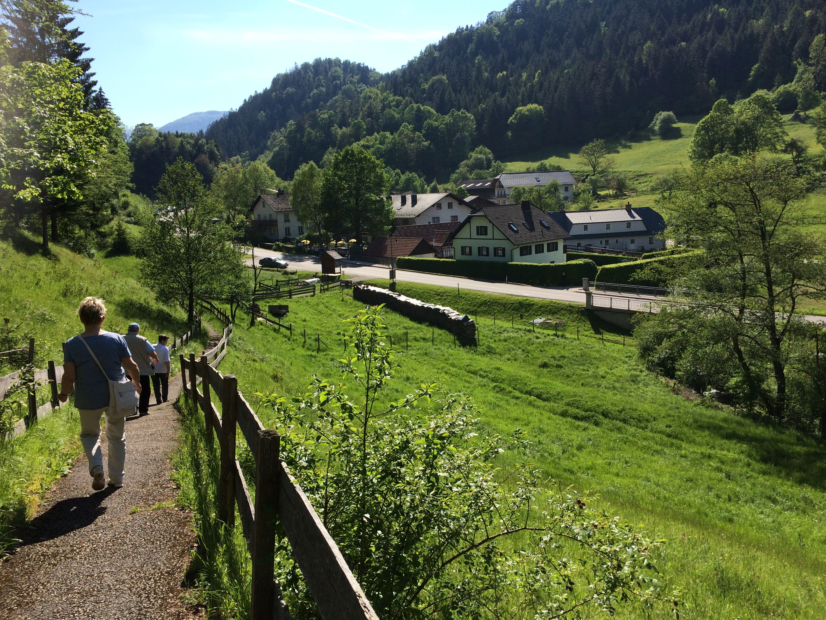 Personen spazieren auf einem Weg in einer grünen, hügeligen Landschaft mit Häusern im Hintergrund.