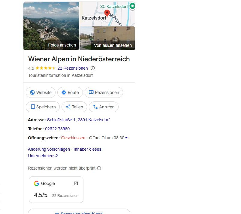 Der Screenshot vom Google Unternehmenskonto der Wiener Alpen zeigt Informationen an, wie Fotos, Karte, Adresse, Telefon, Rezensionen sowie weiterführende Links.
