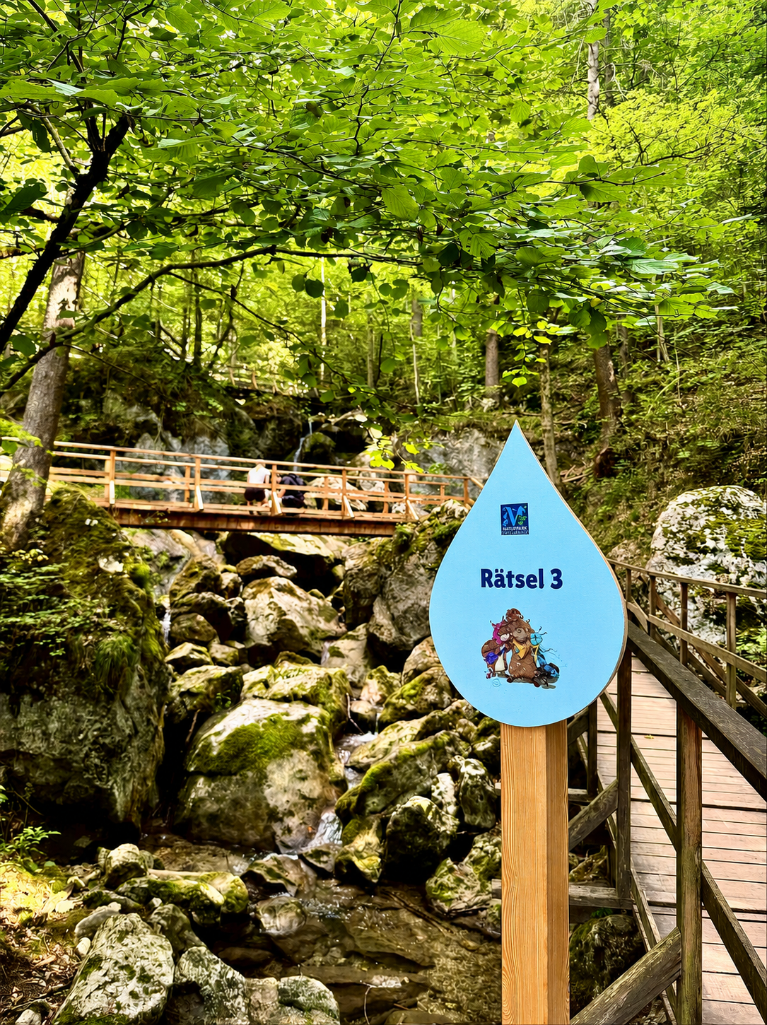 Ein Schild mit der Aufschrift 'Rätsel 3' auf einem Wanderweg im Wald, mit einer Holzbrücke im Hintergrund.