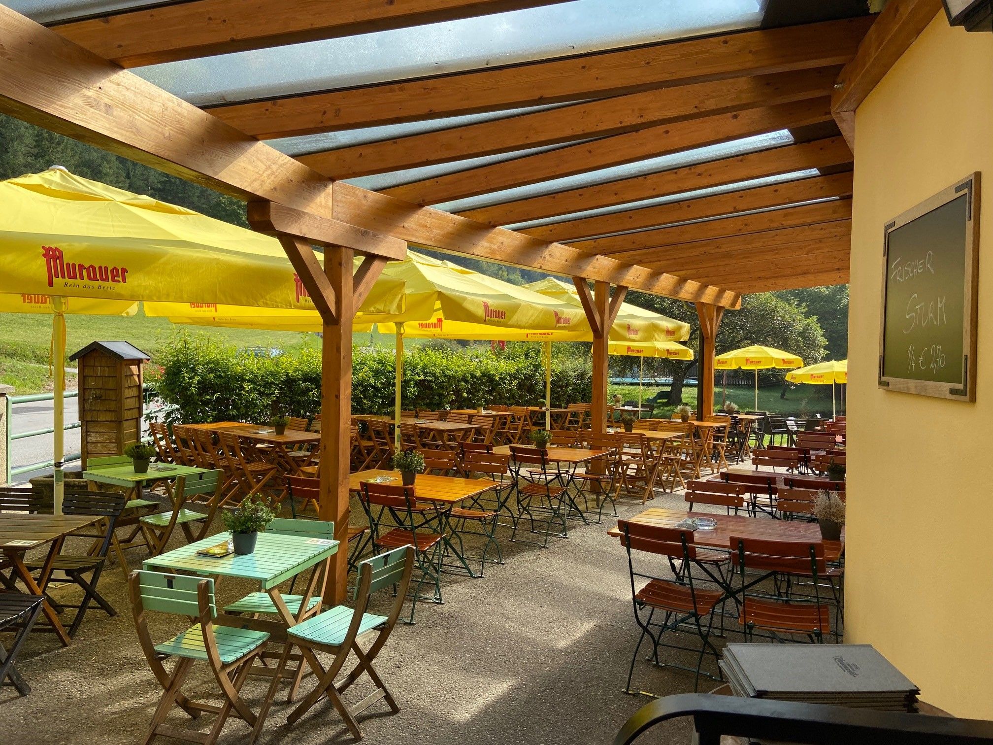 Überdachte Terrasse mit Holztischen und gelben Sonnenschirmen im Gasthof Karnerwirt.