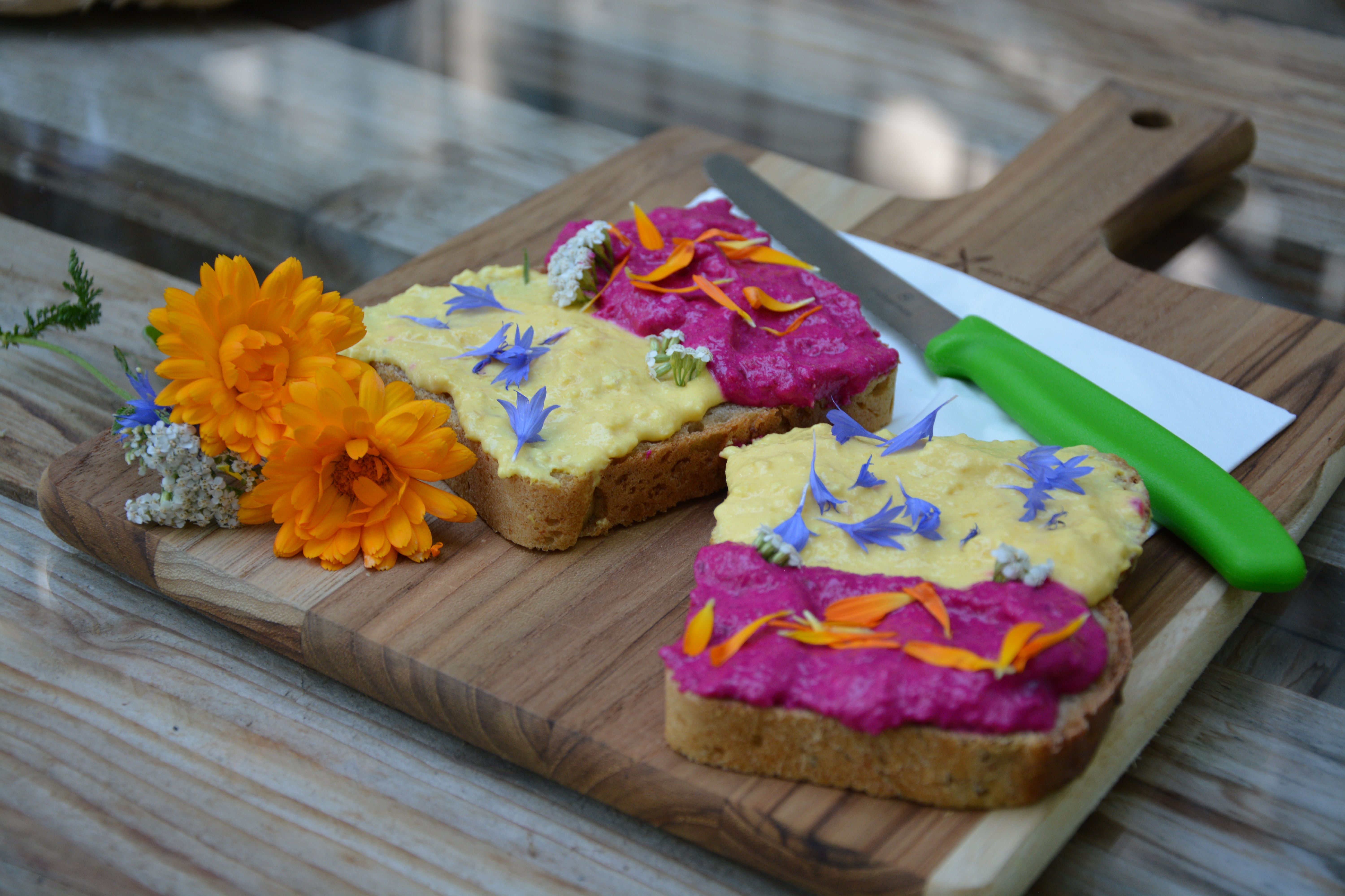 Zwei Brotscheiben mit gelbem und pinkem Aufstrich, garniert mit Kräutern und essbaren Blüten.