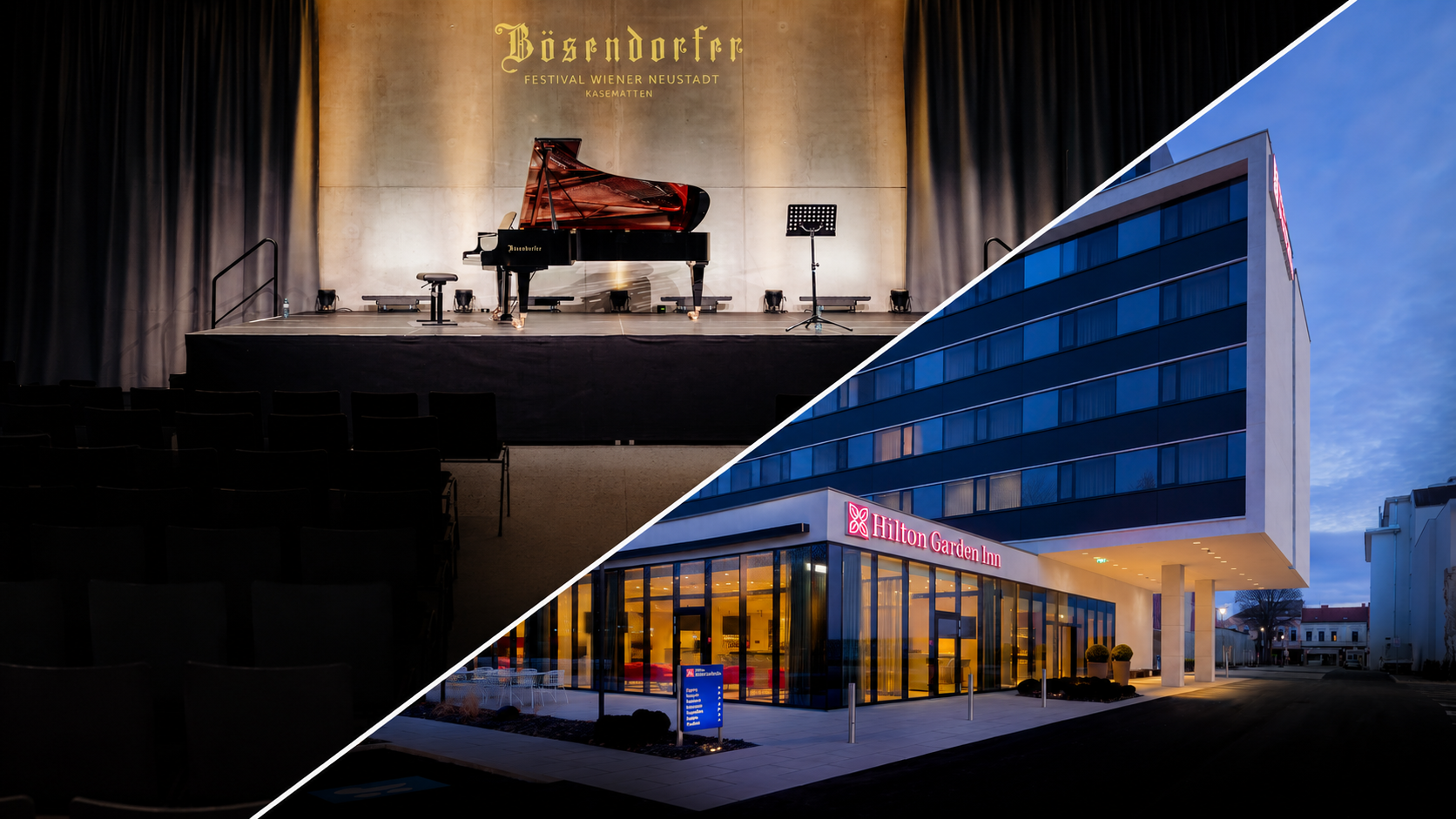 Bösendorfer Flügel und die Außenansicht des Hilton Garden Inns