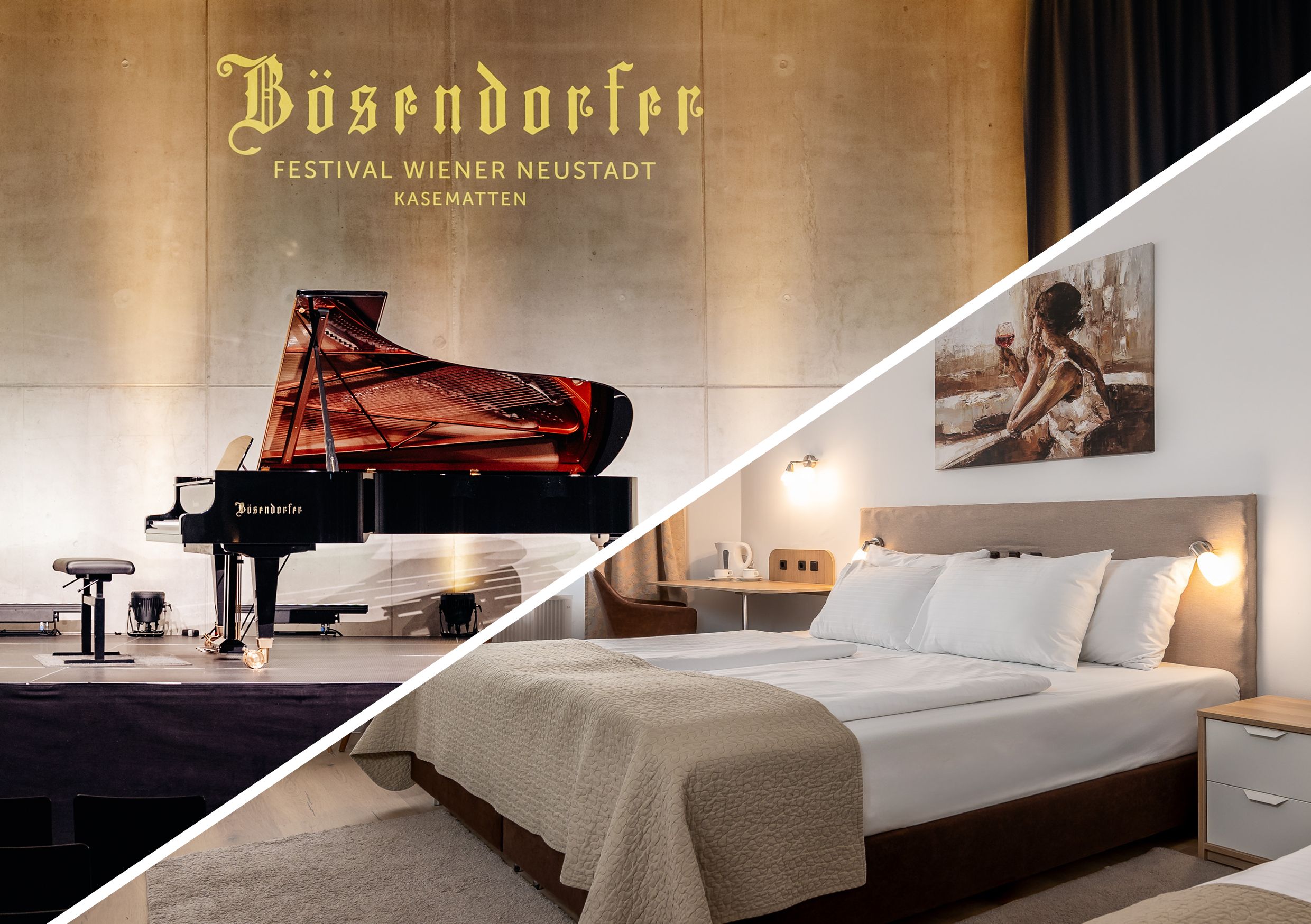 Bösendorfer Flügel auf der Bühne der Kasematten und ein Bett im Zimmer des Hotel Zentrals
