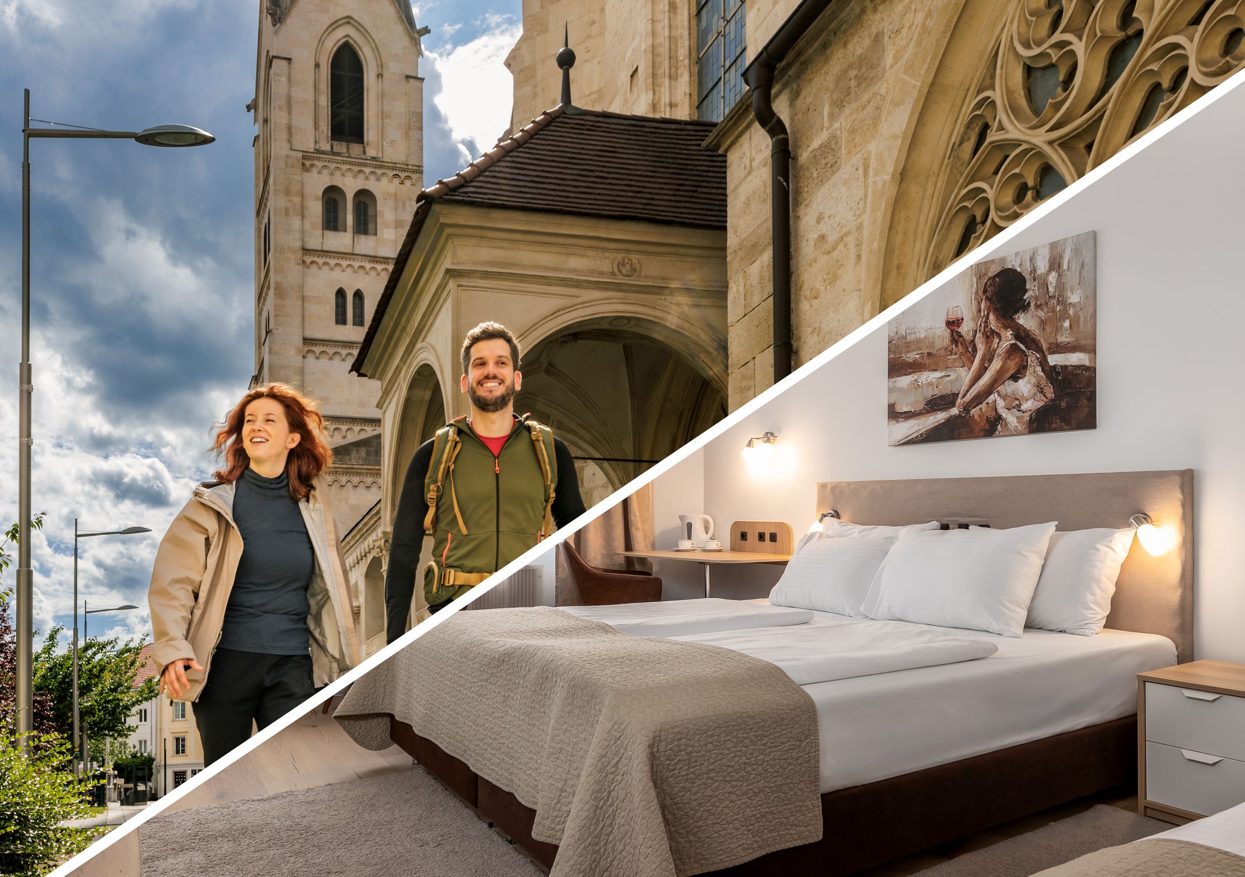 Oben zwei Wanderer vor dem Dom, unten ein Doppelzimmer des Hotel Zentrals