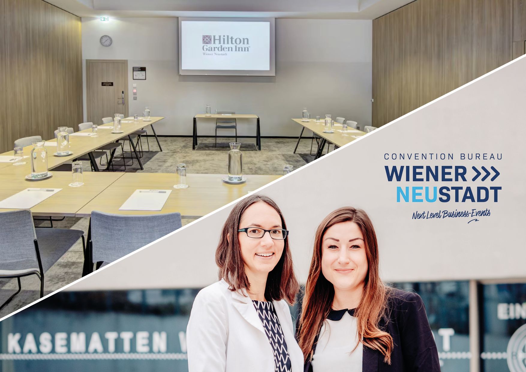 Links der grau/beige Meetingraum im Hilton Garden Inn, rechts zwei Damen, die im Convention Bureau arbeiten
