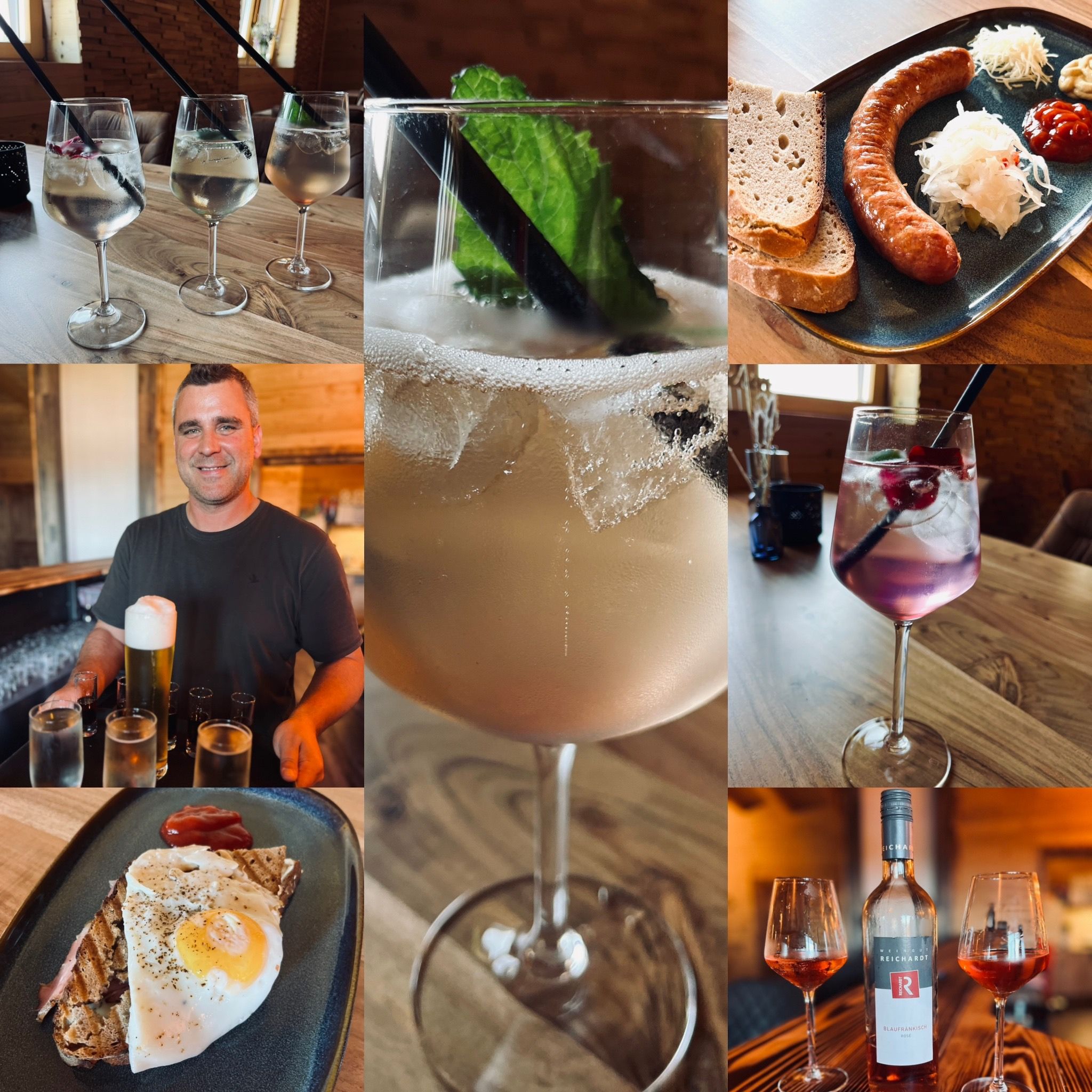 Collage von Getränken und regionalen Speisen in einem Restaurant.