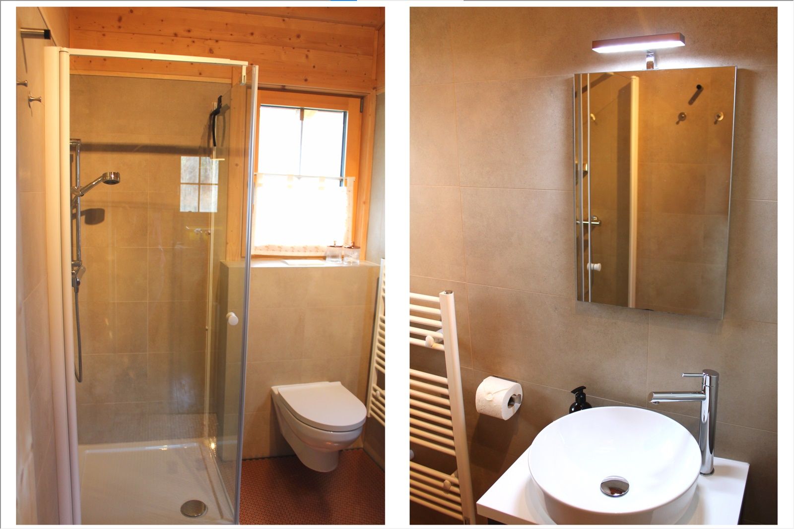 Modernes Badezimmer mit Dusche, WC, Waschbecken und Spiegel.